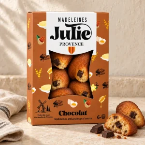 Boîte de 6 madeleines Julie aux pépites de chocolat, avec blason provençal et moulin, accompagnée de madeleines et de chocolat.