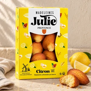 Boîte de 6 madeleines Julie au citron, avec blason provençal et moulin.