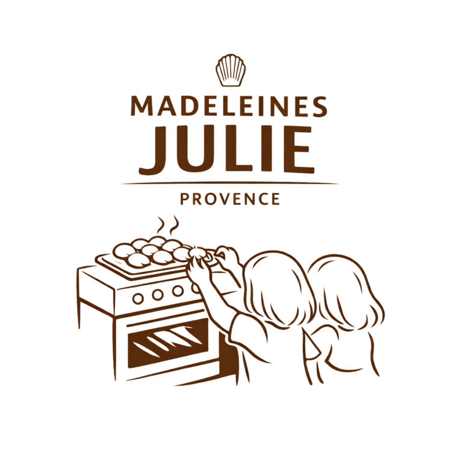 Deux filles devant un four et une plaque de madeleines, illustration de l’histoire familiale de Madeleines Julie.
