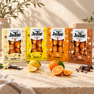 Quatre boîtes de 6 madeleines Julie : vanille, citron, orange et chocolat