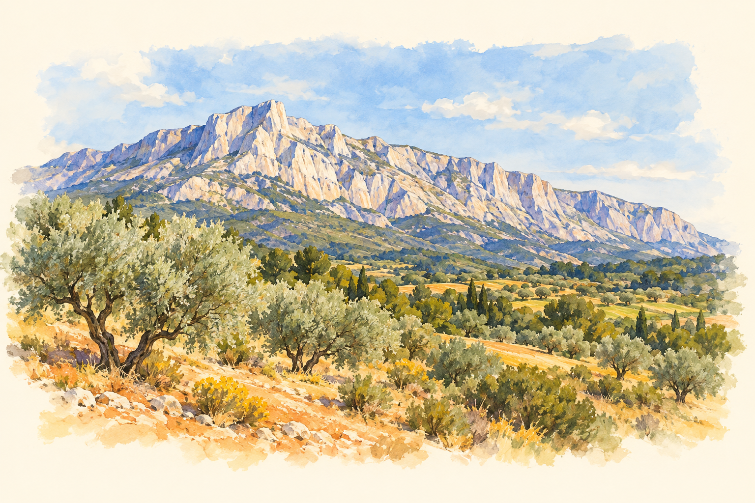 Illustration de la montagne Sainte-Victoire, avec des oliviers et des couleurs provençales.