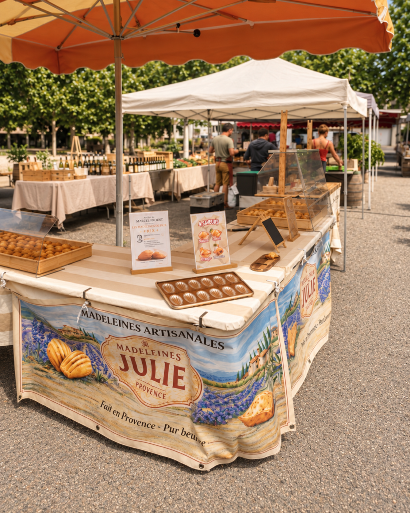 Le stand Madeleines Julie sur un marché de Provence, avec ses madeleines artisanales.